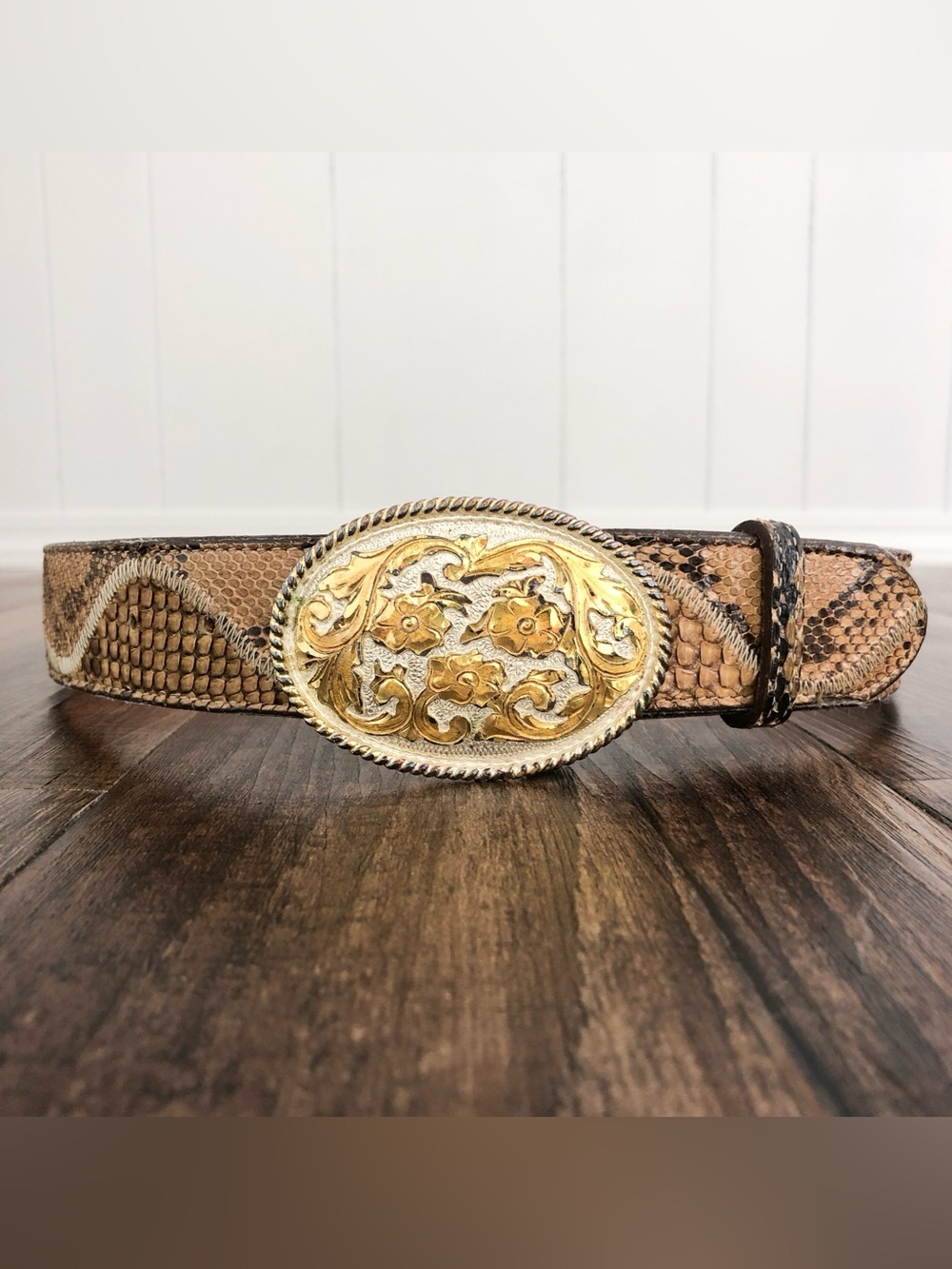 Boot Country VTG Snakeskin Leather Western Belt Large Oval Buckle Size 32 Tan - Picture 16 of 16